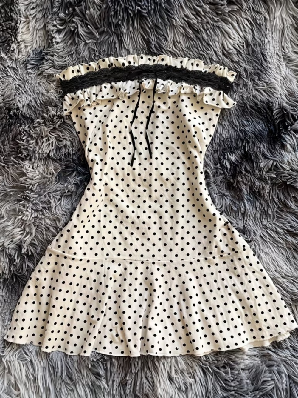 Polka Dot Strapless Mini Dress, coquette sexy white & black lace mini dress y2k